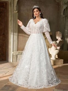 Aureia Plus Size White Spring Elegant Wedding Dress,Gorgeous Sequin Embroidery Mesh Satin V-Neck See-Through Long Sleeves Pleated Oversized Skirt For Dinner - White - View 6
