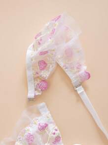 SHEIN 5 件套女士浪漫田园系列透明网眼刺绣钢圈性感花卉内衣套装，卡哇伊内衣生日内衣，外出 - 白色 - 查看 3