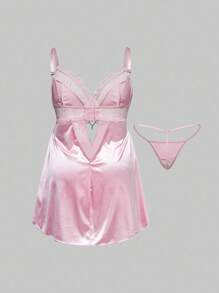 ROMWE Kawaii Baby Doll Silky Satin Lace Patchwork Plus Size Sexy Dress Set - Pink - View 11
