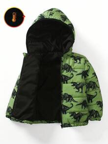 1pc Young Boy's Thick Dinosaur Print Casual Long Sleeve Cotton Jacket, Suitable For Daily Wear, Commuting, School, Autumn/Winter, Outdoor Activities Fall