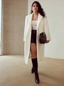MOTF PREMIUM 大码羊毛时尚金属扣装饰翻领腰部收紧中长款混纺外套，秋冬 - 白色 - 查看 4
