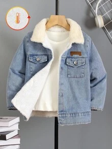 SHEIN Genkimix Kids 1 件男童休闲牛仔夹克，带毛领，秋冬保暖，开学季