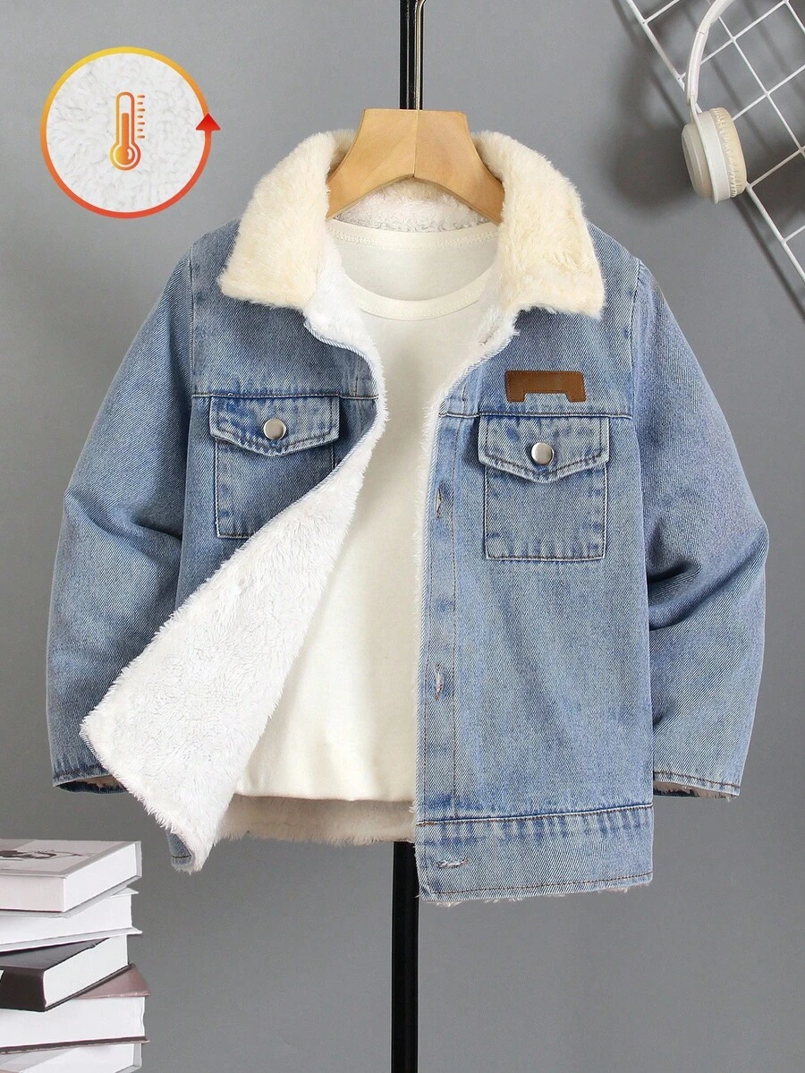 SHEIN Genkimix Kids 1 件男童休闲牛仔夹克，带毛领，秋冬保暖，开学季