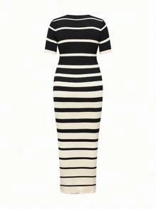SHEIN Maternity Striped Round Neck Short Sleeve Fitted Knit Dress - Multicolor - View 2