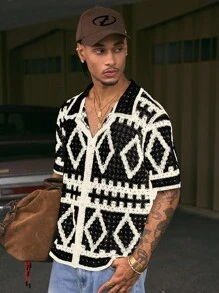 AXEPEAK 男士几何图案镂空短袖单排扣针织上衣