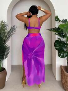 Slaydiva Bộ đồ bơi 3 mảnh cỡ lớn cho nữ, váy in họa tiết ombre ngẫu nhiên, phong cách đơn giản gợi cảm, quần lót cạp cao, bộ bikini xẻ tà thời trang hàng ngày - Màu tím - Xem 2