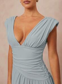 Lumalex Váy xếp ly màu trơn thanh lịch gợi cảm dành cho nữ - Màu xanh lam - Xem 3