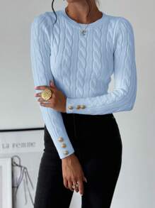 Firerie Women's Minimalist Elegant Casual College Style Versatile White Crew Neck Cable Knit Button Decor Fitted Sweater In Fall/Winter