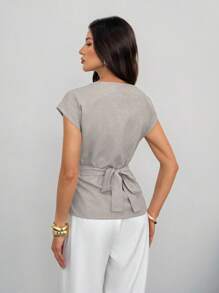 SHEIN Tall 亚麻蝙蝠袖休闲上衣，夏季，毕业，教师，返校 - 卡其色 - 查看 2