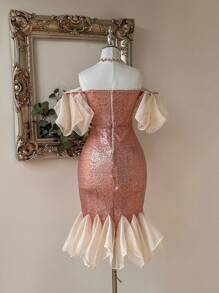 SHEIN Belle 优雅香槟色精致亮片面料闪亮丝绸和欧根纱拼接亮片鱼尾下摆露肩不对称泡泡袖和鱼尾紧身连衣裙，采用不对称泡泡菱形形状，适合华丽优雅的返校派对招待会婚礼季节母亲节音乐节毕业季派对复活节假期派对场合女士编码鸡尾酒会礼服 - 香檳色 - 查看 6