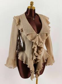 SHEIN CURVE+ Áo khoác cardigan tay loe bèo nhún cỡ lớn thời trang thu đông cho nữ phong cách mới, thời trang, gợi cảm, ngọt ngào, cỡ lớn - Màu Khaki - Xem 5