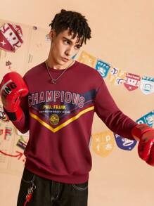 Paul Frank X SHEIN 男式字母图案圆领长袖套头衫 - 酒紅色 - 查看 5