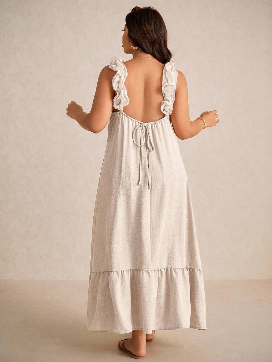 Elaquor Plus Size Casual Floral Lace Strap Loose A-Line Dress,Holiday Outfits For Women - Apricot - View 1