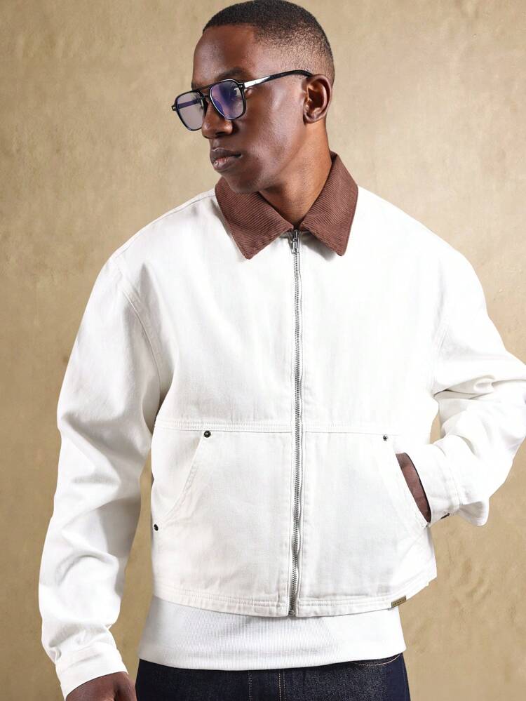 Canvas Trucker Jacket With Corduroy Collar And Zip Front