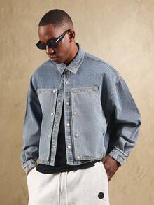 SUMWON Áo khoác denim Carpenter Trucker có túi vá phía trước, dáng rộng, cổ điển, thời trang đường phố, nhẹ, phong cách xuân thu - Màu xanh lam - Xem 6