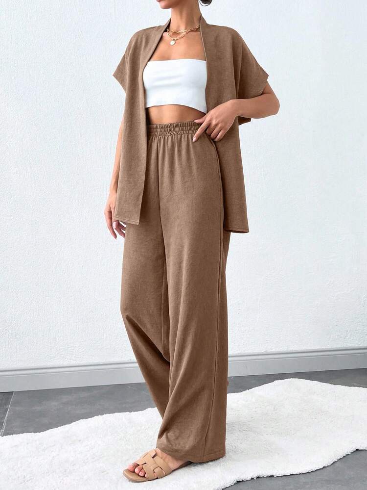 SHEIN Tall Vacation Casual Solid Color Batwing Sleeve Top And Pants Set - Mocha Brown - View 3