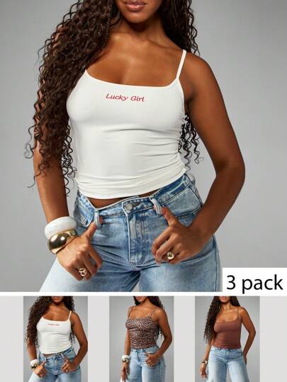 MISSGUIDED Casual Tank Top 3 Packs Lucky Girl Print Spaghetti Strap Camisole Basic Layering Knit Slim Fit Essential Summer Crop Top Multicolor Pack