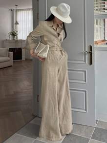 DAZY Bộ áo liền quần dài tay kiểu vintage thường ngày dành cho nữ - Màu Khaki - Xem 6