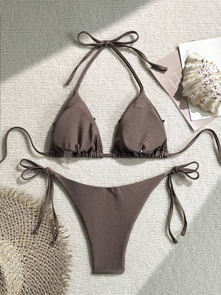 SHEIN Swim Chicsea Bộ đồ bơi 2 mảnh cao cấp đính đá hình sao biển thời trang mới cho nữ, phong cách lễ hội Boho - Cà phê nâu - Xem 3
