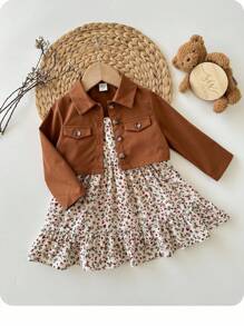 SHEIN 2pcs/Set Young Girls Casual Ditsy Floral Camisole Dress & Textured Brown Jacket, Autumn/Winter