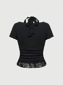 ROMWE Avant 女式复古 Y2K 美国国旗水钻蕾丝边修身基本款 T 恤 - 黑色 - 查看 2