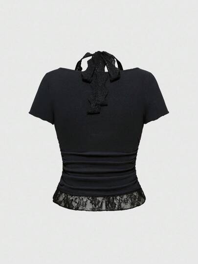 ROMWE Avant T-shirt basique ajusté avec dentelle ornée de strass au motif du drapeau américain, style vintage Y2K pour femmes