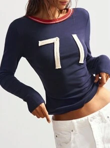 Bohemela 女式休闲纯色针织圆领长袖修身T恤 - 藏蓝色 - 查看 4