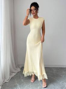 Elenzga Women's Wedding Guest Dress, Date Night Dress, Cute Cream Lace Dress, Knit Dress For All Seasons - Yellow - View 7