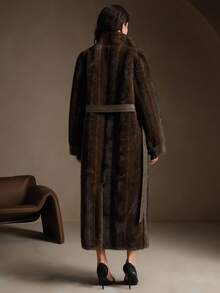 Anewsta 奢华复古人造毛皮长袖直腰系带修身冬季外套夹克 - 棕色 - 查看 8