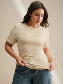 Anewsta 大码女式沙色水洗铆钉修身圆领短袖T恤 - 杏色 - 查看 4