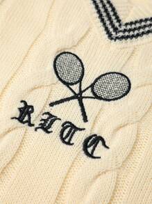 SHEIN 女童针织毛衣，简约时尚学院风，经典麻花图案，精致刺绣细节，V领，适合秋冬 - 米色 - 查看 5