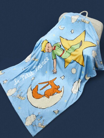 LE PETIT PRINCE X SHEIN 1 件蓝色加厚法兰绒毯子，带狐狸、星星和月亮图案，适用于床和沙发