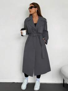 SHEIN EZwear 深灰色中长款风衣，翻领口袋细节，适合秋冬休闲风格风衣女长款风衣 - 深灰色 - 查看 5