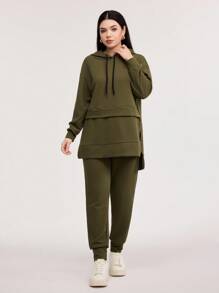 Veilorie 落肩开衩下摆抽绳连帽衫和运动裤两件套 - 軍綠色 - 查看 4