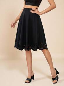 Amorya Scallop Laser Cut Hem Skirt Fall/Winter Women Clothes Back To School Modest Vintage Old Money Teacher Outfits For Women Airport Business Casual Woman Night Out Teacher Outfits For Women Church Outfits Women - Black - View 5