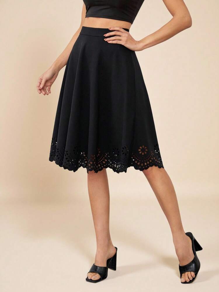 Scallop Laser Cut Hem Skirt, Fall/Winter Back To School Modest Vintage Old Money Teacher Airport Business Casual Woman Night Out Teacher Church Black Skirt Summer