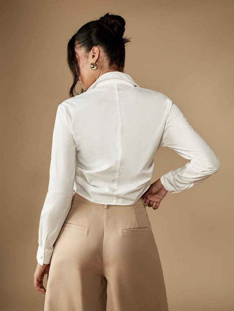 MISSGUIDED Asymmetrical Crop Button Down Shirt Long Sleeve Collared Blouse Ruched Fitted Office Wear Professional Business Casual Spring Fall Fashion