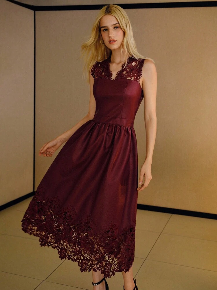 PU LEATHER CONTRAST LACE DRESS