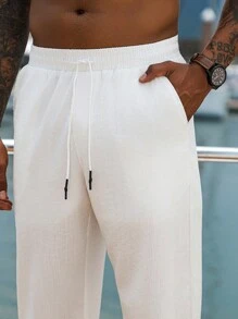 Manfinity Homme Men's Casual Versatile Solid Color Drawstring Waist Pants - White - View 5
