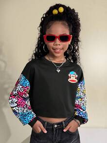 Paul Frank X SHEIN Tween Girl Fall Winter,Cute Preppy ,Comfortable Warm/ Cold Weather/ Thermal ,Athleisure,Cartoon Patter Round Neck Crop Sweatshirt,Christmas - Black - View 4