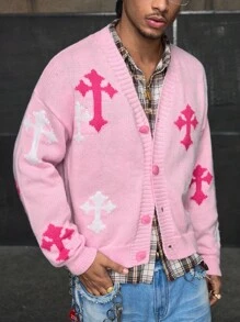 AXEPEAK Áo len nam tay dài cài nút phía trước thời trang thường ngày, áo khoác cardigan màu hồng, cho mùa thu đông - Hồng - Xem 2