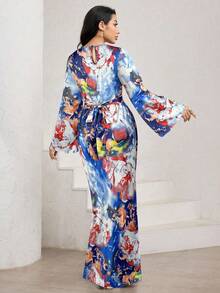 Veilorie 女士优雅扎染绿色印花喇叭袖连衣裙，系腰带和美人鱼下摆，长款缎面连衣裙 - 藍色 - 查看 2