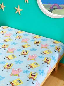 SpongeBob SquarePants | SHEIN 1 pieza Juego de sábana ajustada con estampado de dibujos animados, disponible en tallas para camas individuales/dobles/queen/king, suave, transpirable, cálido y lavable a máquina - Celeste - Ver 5