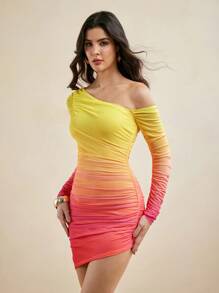 HEAVINZ LANE Asymmetrisches Minikleid mit einem Schulterträger, Farbverlauf-Muster, Mesh, Raffung und langen Ärmeln, Sommerkleid für den Herbst - Verschiedenfarbig - Übersicht 7