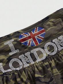 ROMWE J-Fashion Y2K Hot Girl National Flag Rhinestone Camouflage Ultra-Low Waist Ruffle Hem Mini Skirt For Women - Army Green - View 3