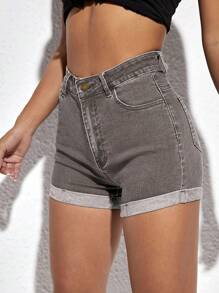 SHEIN ICON 女式夏季休闲街头时尚高腰卷边下摆修身牛仔短裤 - 深灰色 - 查看 3