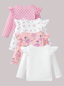 SHEIN Playful Pals 4 件套女婴休闲日常百搭芭蕾薄纱裙，条纹碎花上衣，舒适柔软面料，超值多件套 - 彩色 - 查看 2
