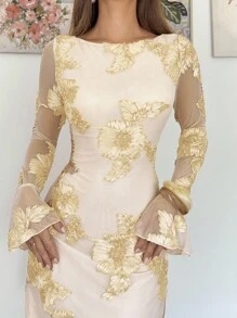 Siren Gaze 优雅女士透视长袖飘逸连衣裙 | 2025 秋冬新品 | 非常适合女士婚礼宾客礼服、女士约会夜服装和婚礼宾客礼服 | 奶油黄色提花露背喇叭袖迷你连衣裙 | 非常适合下午茶、日常穿着、通勤和教堂服装 - 淡黃色 - 查看 3