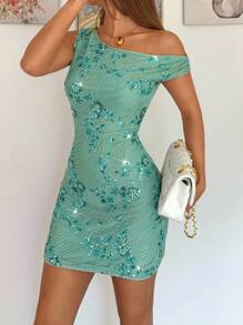 Siren Gaze 2025秋季女装新品！孔雀蓝不对称领口修身迷你连衣裙 - 刺绣珠饰亮片，性感优雅，适合工作、办公室、约会、生日、派对、万圣节 - 女士秋季时尚连衣裙，秋季衣橱必备单品 - 綠色 - 查看 3