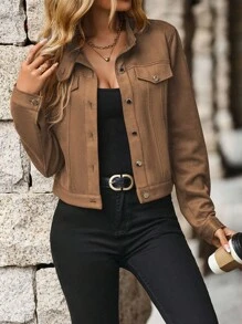 EMERY ROSE Flap Detail Button Front Suedette Crop Jacket Fall Winter Cloth For Women - Brown - View 5